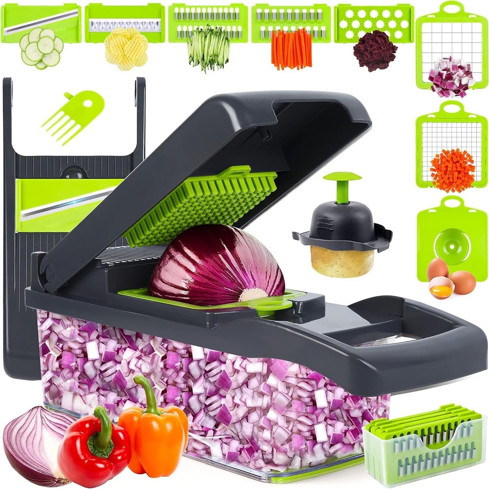 Stainless Steel Vegetable Chopper with 7 Interchangeable Blades - Gray