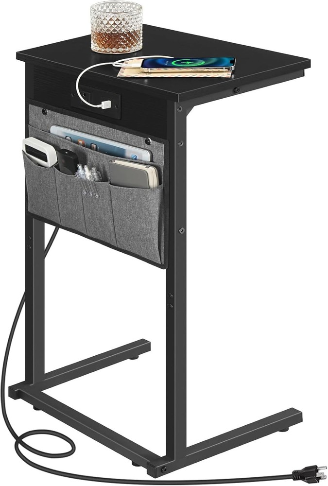C Shaped End Table W/ Charging Station 28" H Couch Side Table Slide Under Sofa
