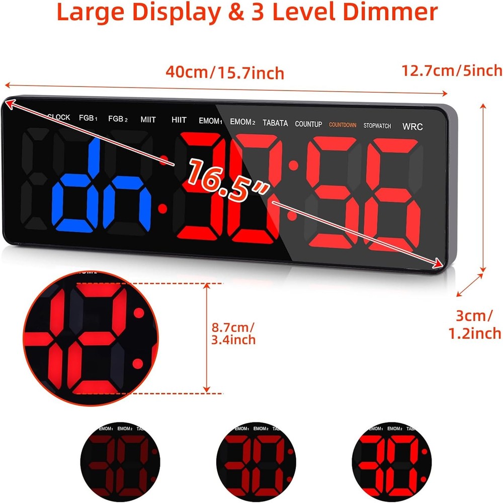 Gym Timer, 16.5" Large Digital Wall Clock for Interval Workout, Blue-red