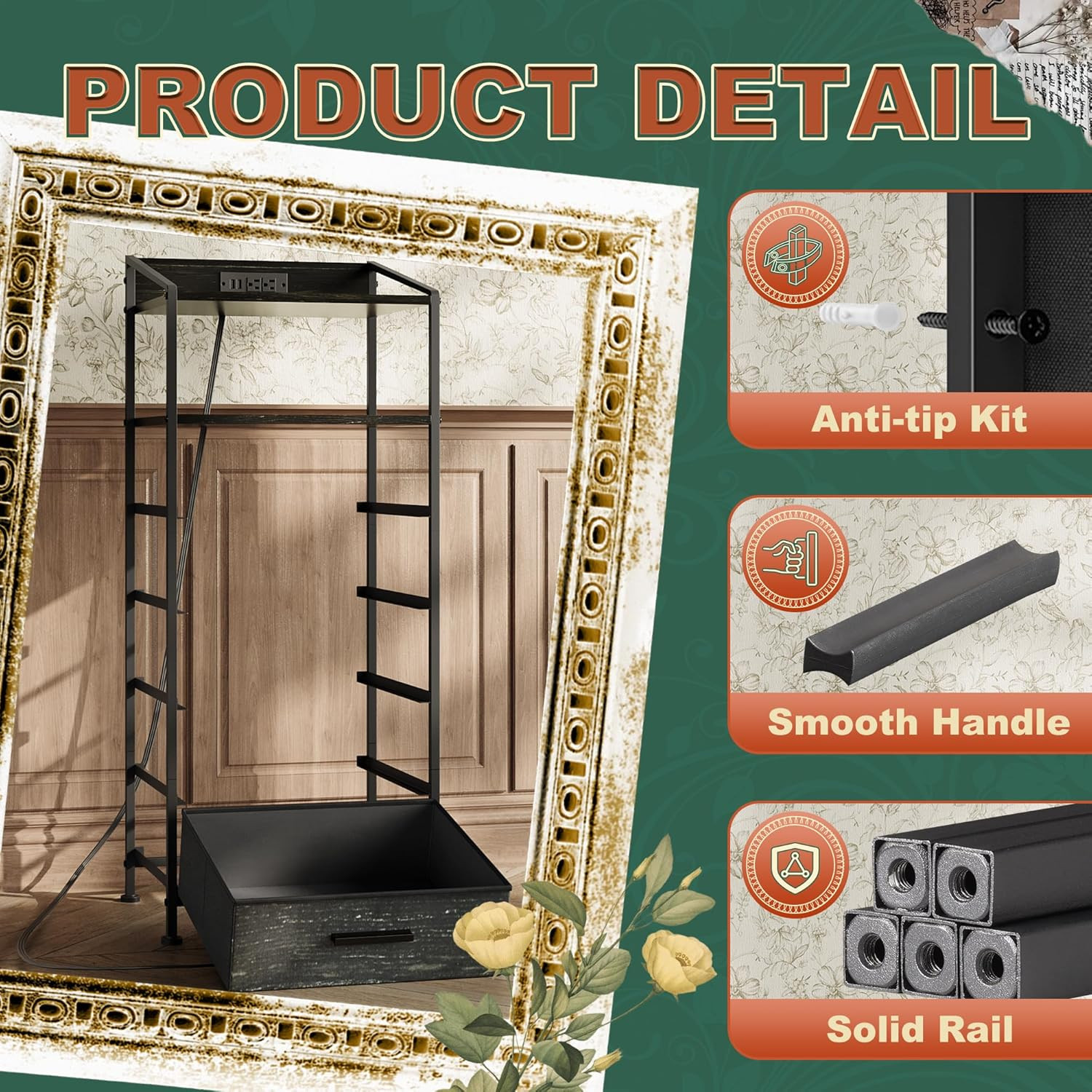 Nightstand 5 Drawer Dresser with LED Lights and Charging Station, Vertical Side