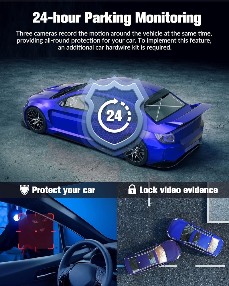 3-Channel Mini Dash Cam Front Rear Inside Bundle 32GB SD HDR Loop Parking Mode