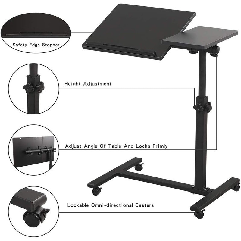 Adjustable Mobile Laptop Table Rolling Bedside Desk W/ Wheels Edge-Stopper Black