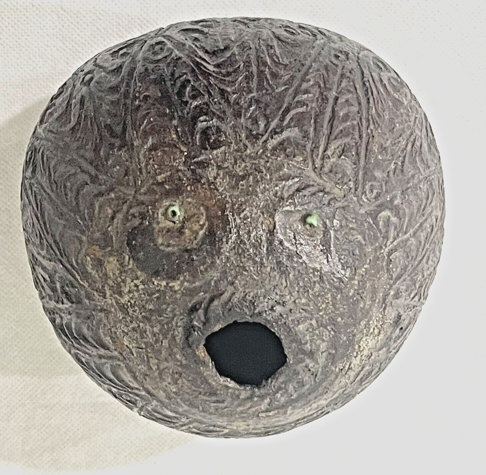 Antique Hand Carved Bugbear Coconut Shell powder flask