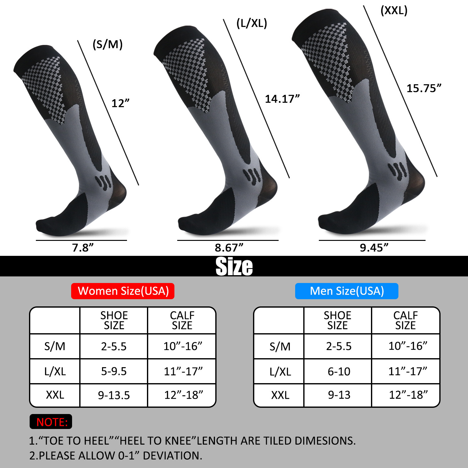 5 Pairs 30-40 mmHg Compression Socks - Knee High Support for Running & Sports