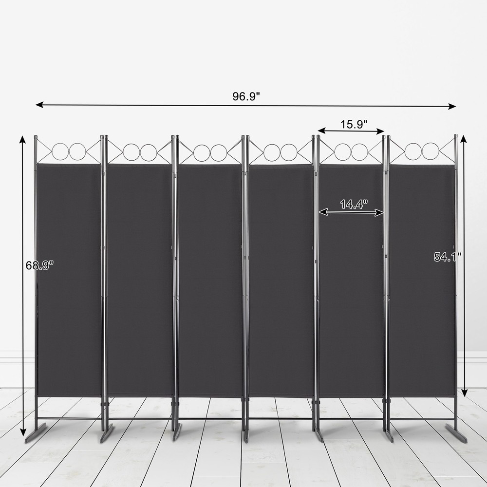 Black 6-FoldPrivacy Screen,Polyester Cloth&Carbon Steel Frame,Foldable Partition