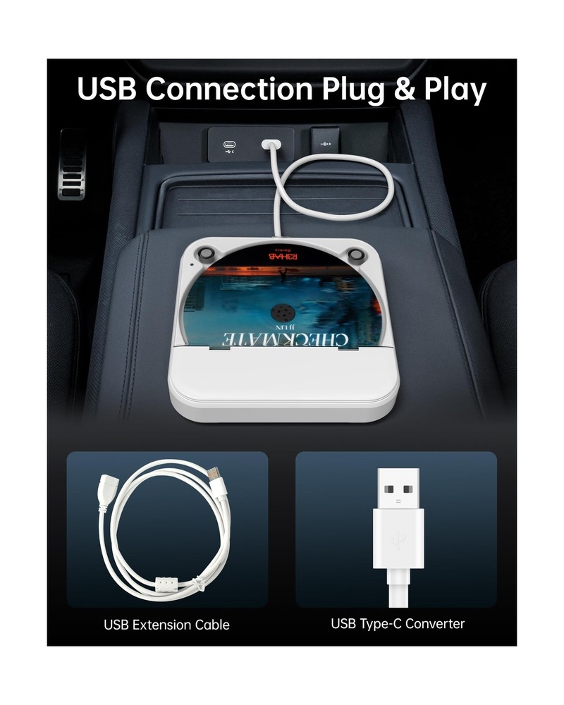 ENVYCLOUD Portable Car CD Player - USB/AUX White CD Player