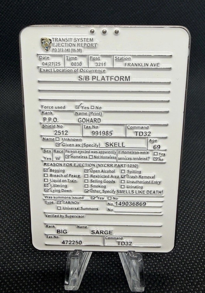 NYPD Transit Bureau District 32 Transit System Ejection Report Challenge Coin