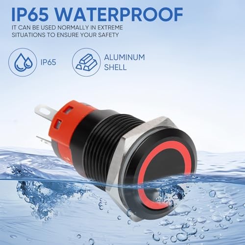 16MM Latching 12V Push Button Switch On Off,Waterproof with Black Shell Red LED