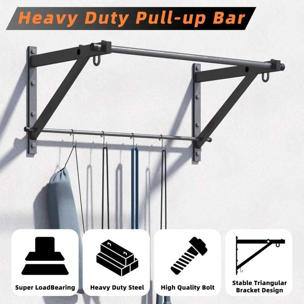 Wall Mounted Pull Up Bar, Strength Training Chin Up Bar with Hooks, Adjustable D