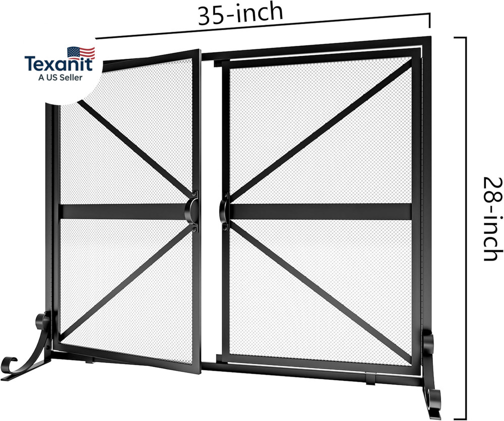 Fireplace Screen with Doors, 2-Pannel Handcrafted Solid Wrought Iron Decorative