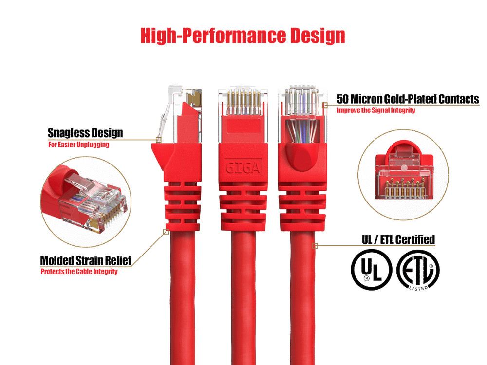 2ft Cat6 UTP Ethernet Network Patch Cable Snagless 24AWG Bare Copper, Red