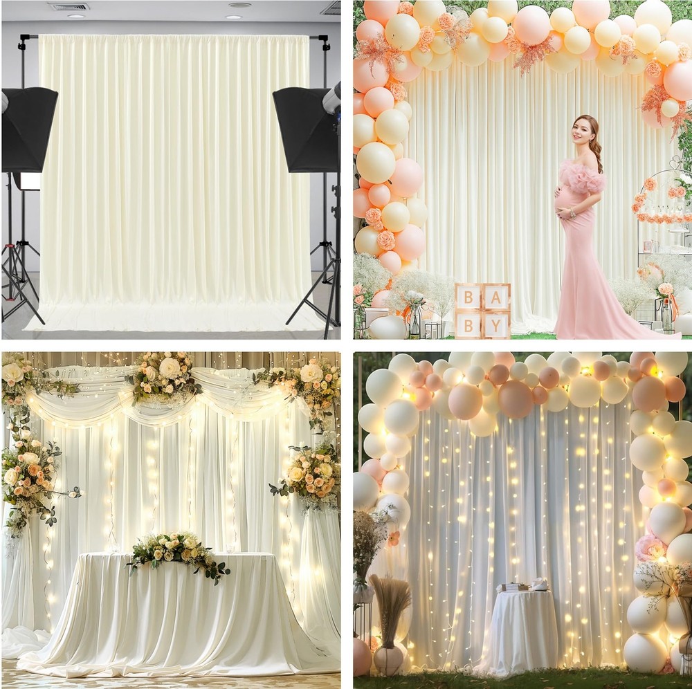 10 x 10ft Ivory Backdrop Curtains with Lights String Wrinkle-Free Polyester C...