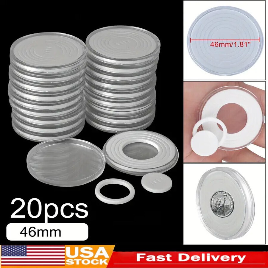 20Pcs 46MM Clear Round Coin Capsule Container Storage Box Holder Case Plastic