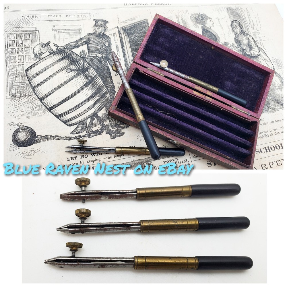 ANTIQUE DRAFTING & DRAWING INSTRUMENT 1800s EBONY HANDLE  SET PEN TOOL ENGINEER
