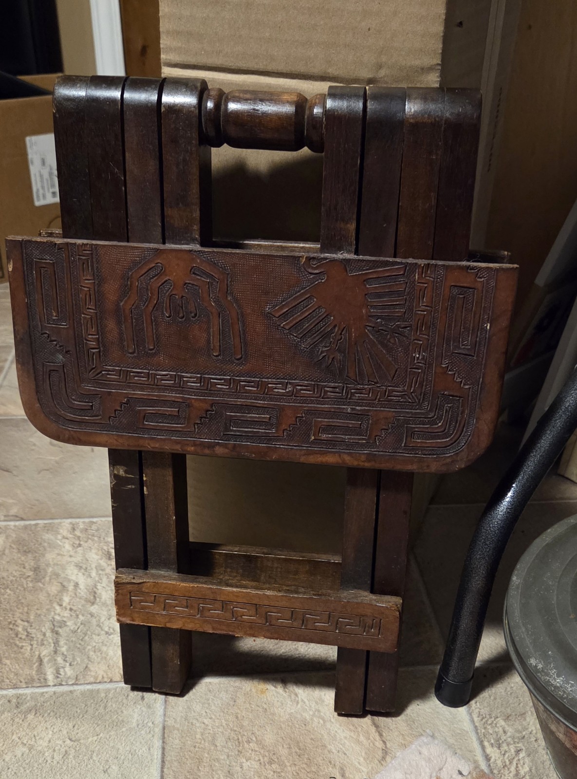 VTG Peruvian Peru Folding Hand Tooled Leather & Wood Collapsible Stool Or Table