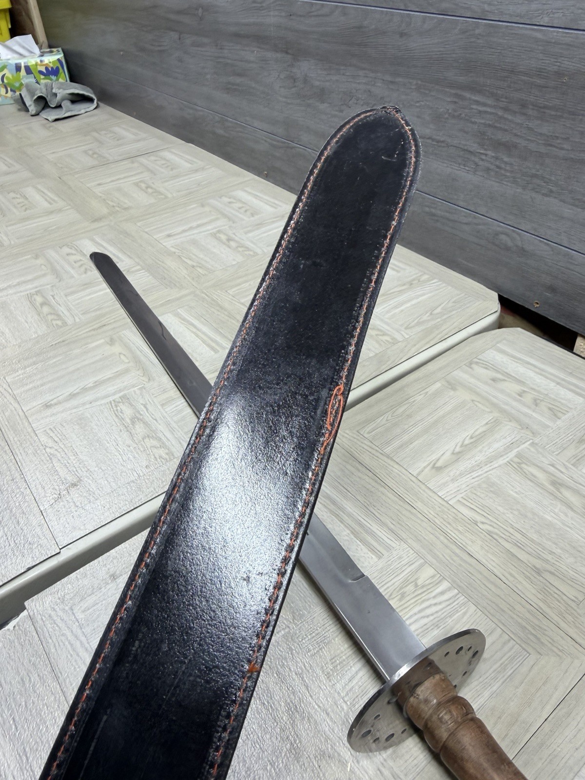 Pakistan Reproduction Battle Sword W Leather Sheath Wood Handle Metal Blade Vtg