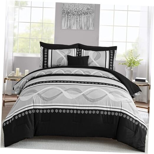 Comforter Set Size,8 Pieces Boho Bed in a Bag Patchwork Striped King Black
