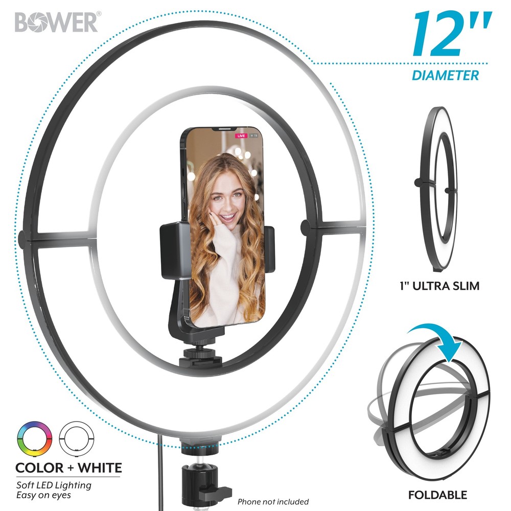 Bower 12" Foldable Ring Light with Adjustable Stand and Remote Control- Black