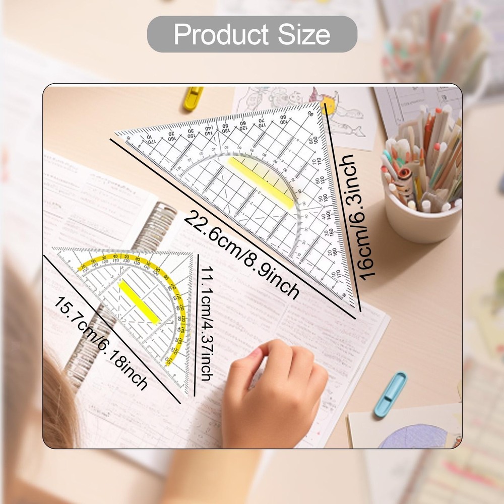 2x Set Square Protractor with Detachable Handle Measurement Tool Geometry