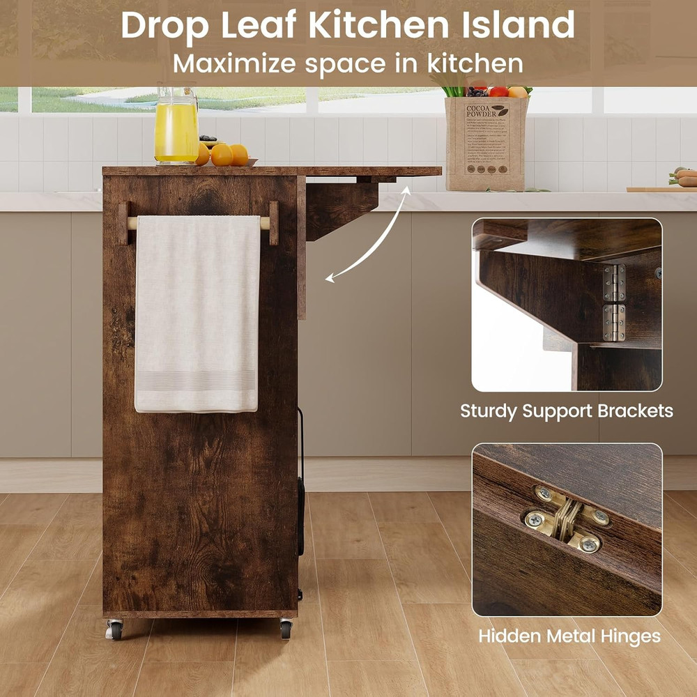 Rustic Brown Rolling Kitchen Island Cart with Drop Leaf & Storage Solutions