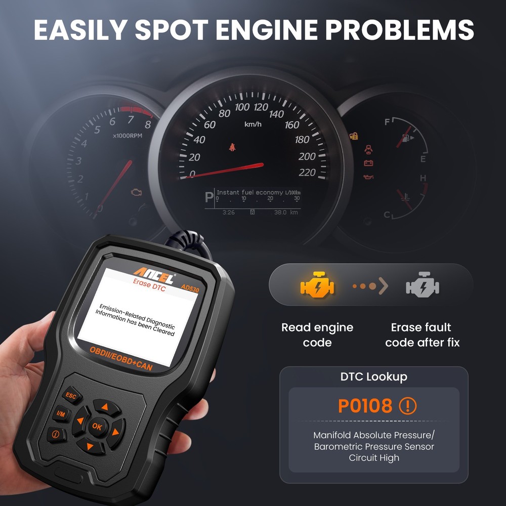 ANCEL AD530 OBD2 Code Reader Scanner Battery Test & Check Engine Diagnostic Tool
