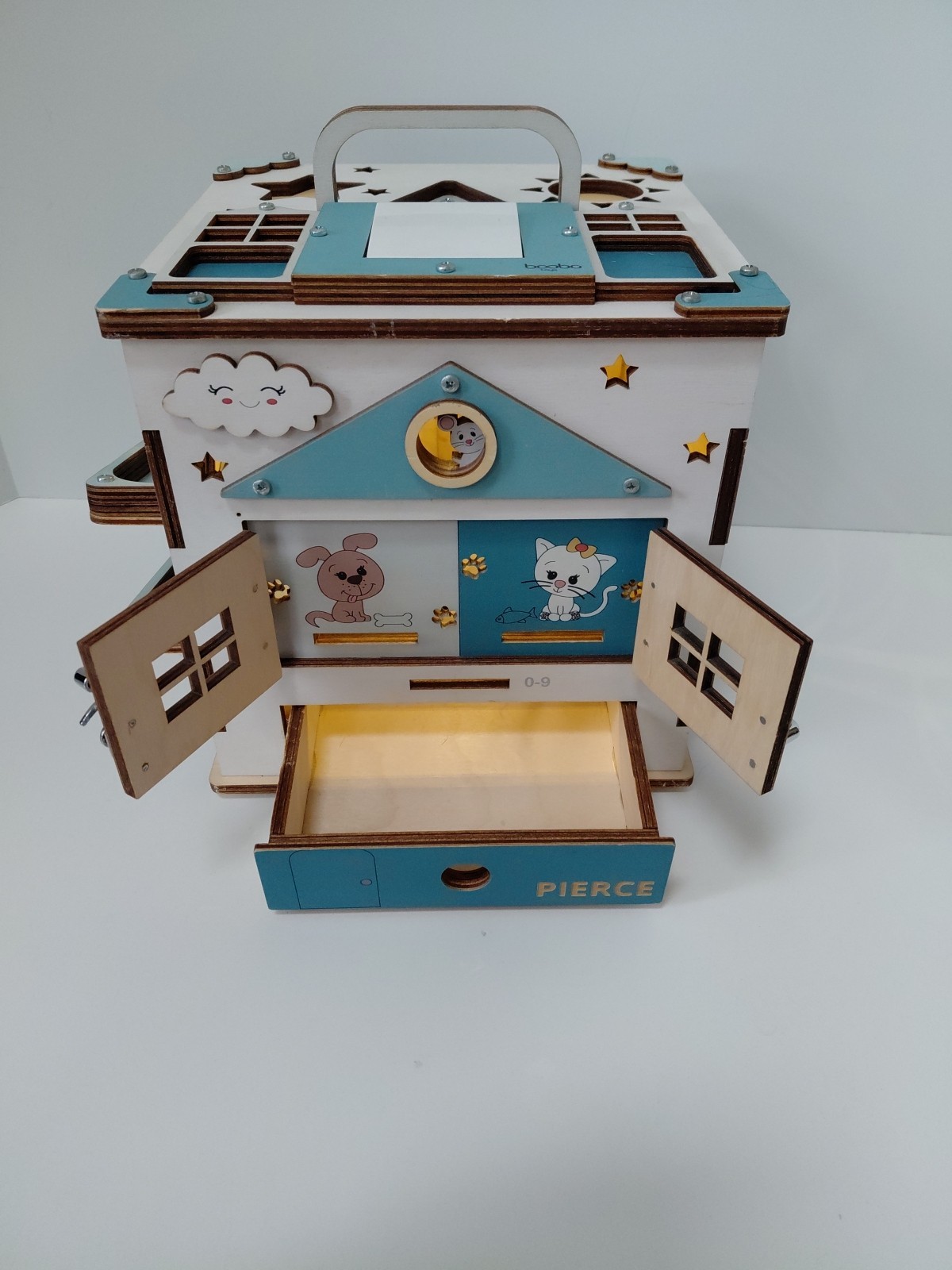 Boobo Toys Wooden Busy Development Activity Cube Blue Undertones Size Medium