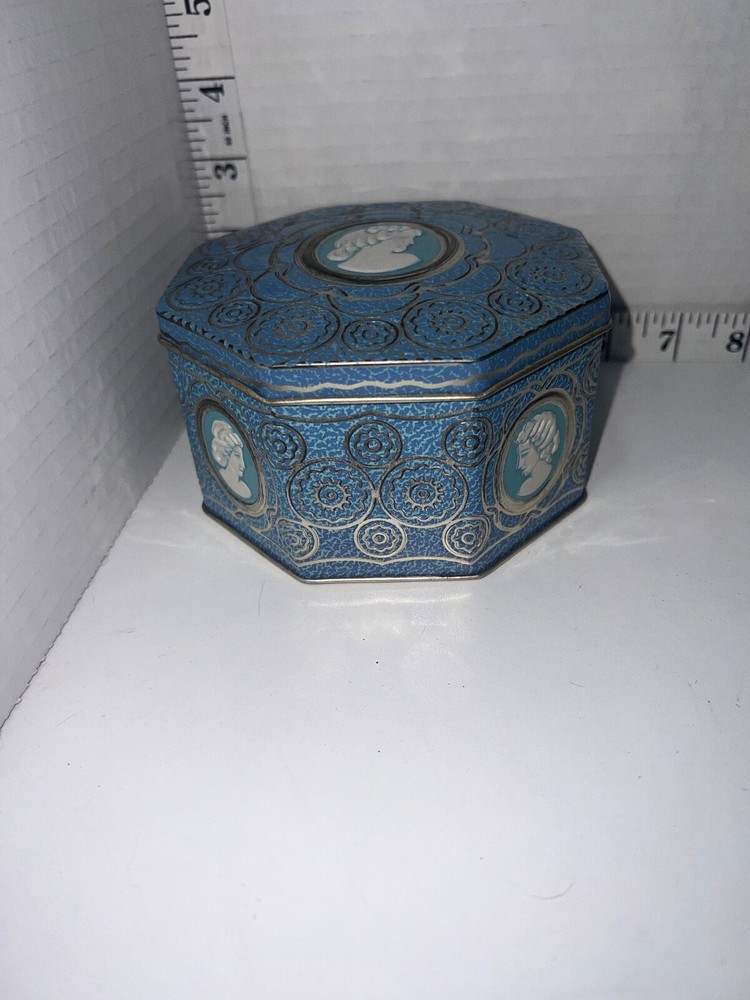 Vintage blue white Fruit Drop Candy Tin Octagon Shape *Empty* Made In England