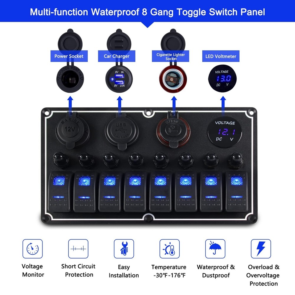 Marine Switch Panel Waterproof,8 Gang Boat Rocker Switch Panel,Multi-Function...