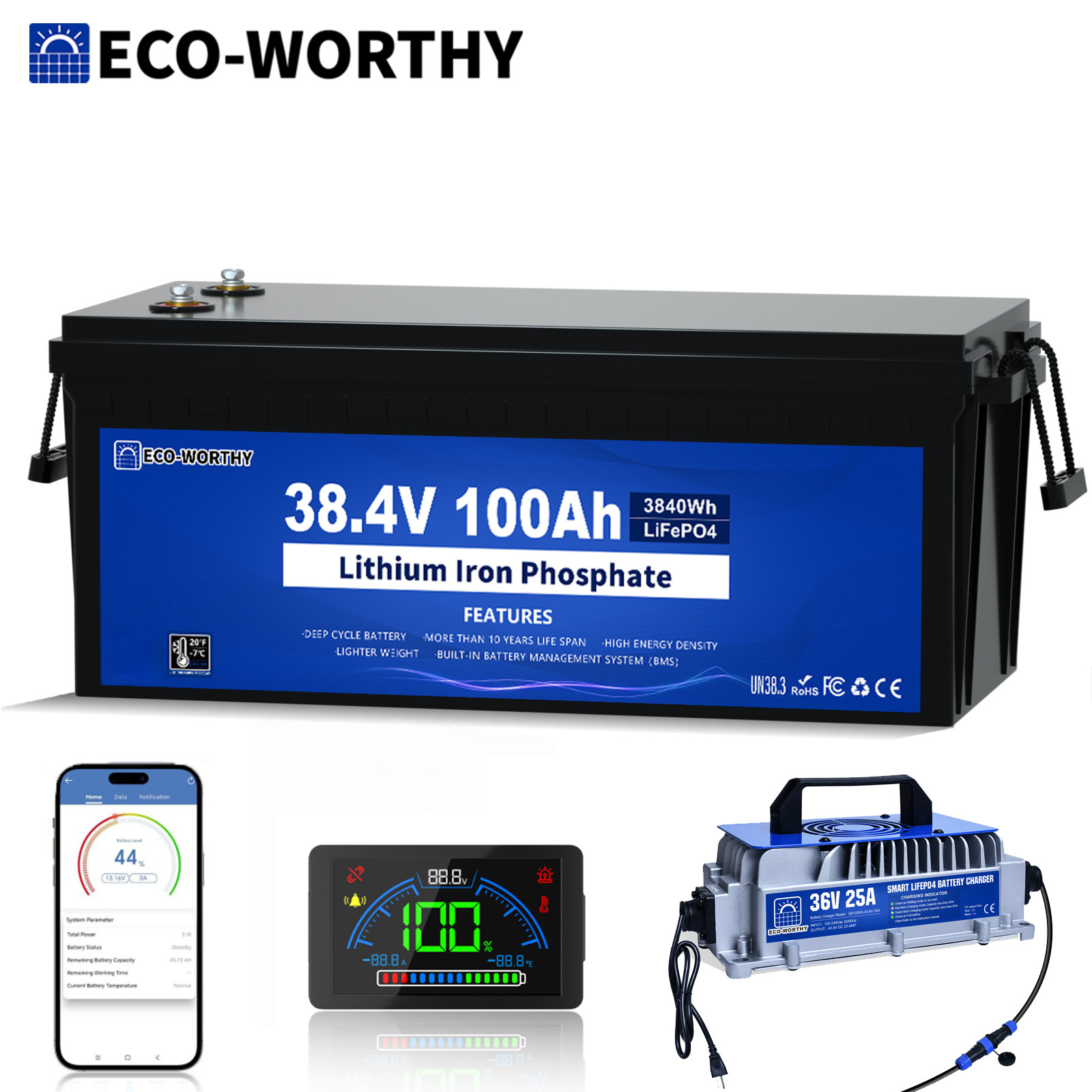 ECO-WORTHY 36V 100Ah Lithium Battery + 36V 25A Charger Bluetooth Trolling Motor
