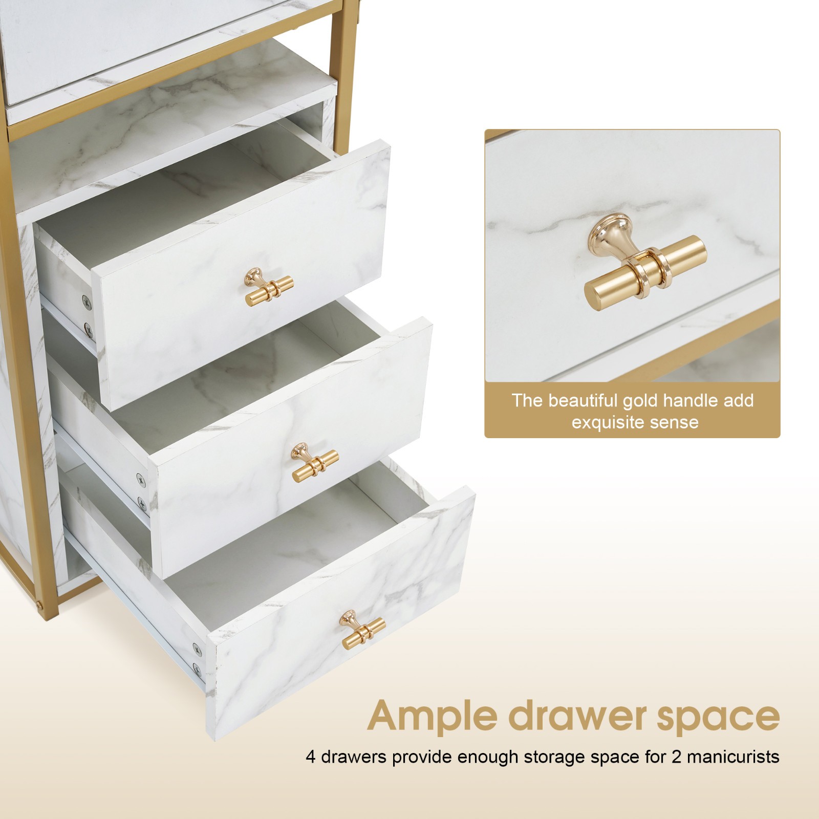 Double Manicure Table 2 person,Nail Station Marbling Texture with Storage Drawer