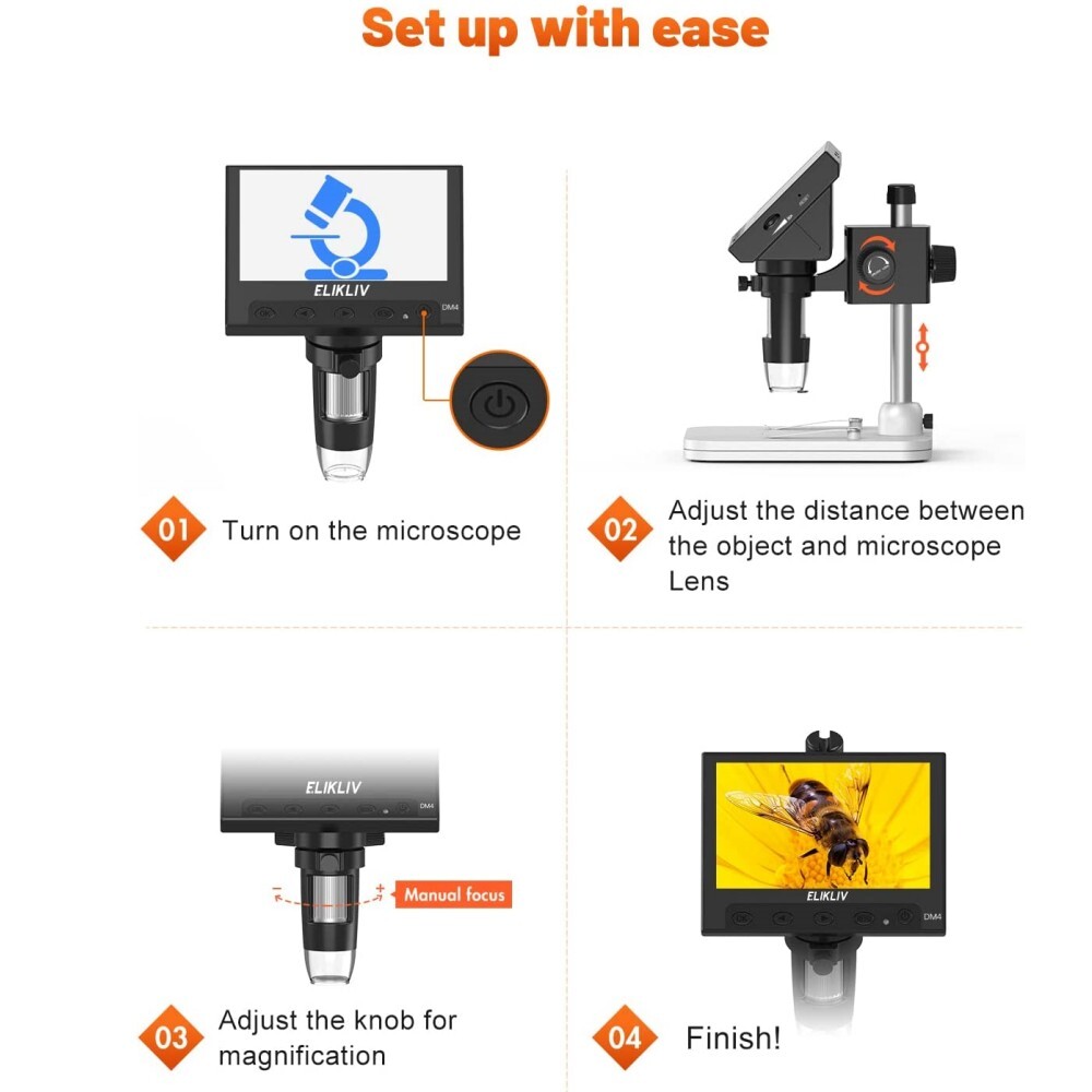 Elikliv EDM4 4.3" Coin LCD Digital 1000x Magnifier w/8 Adjustable LED Lights NEW