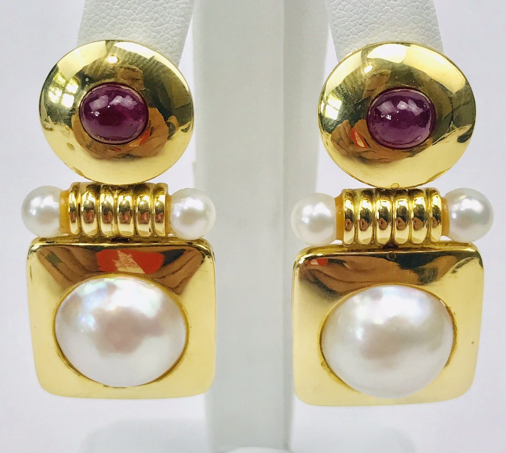 Art Deco 18k Solid Yellow Gold Mabe Pearl & Ruby Drop Dangle Omega Back Earrings