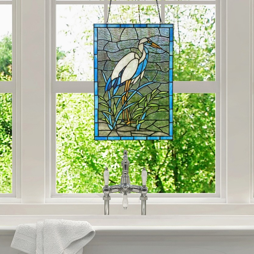 18" White & Blue Crane Stained Glass Window Panel
