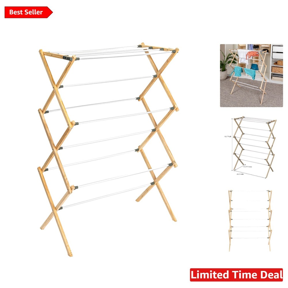 Compact and Stable Clothes Drying Rack - 23.8ft Hanging Space, Natural Wood