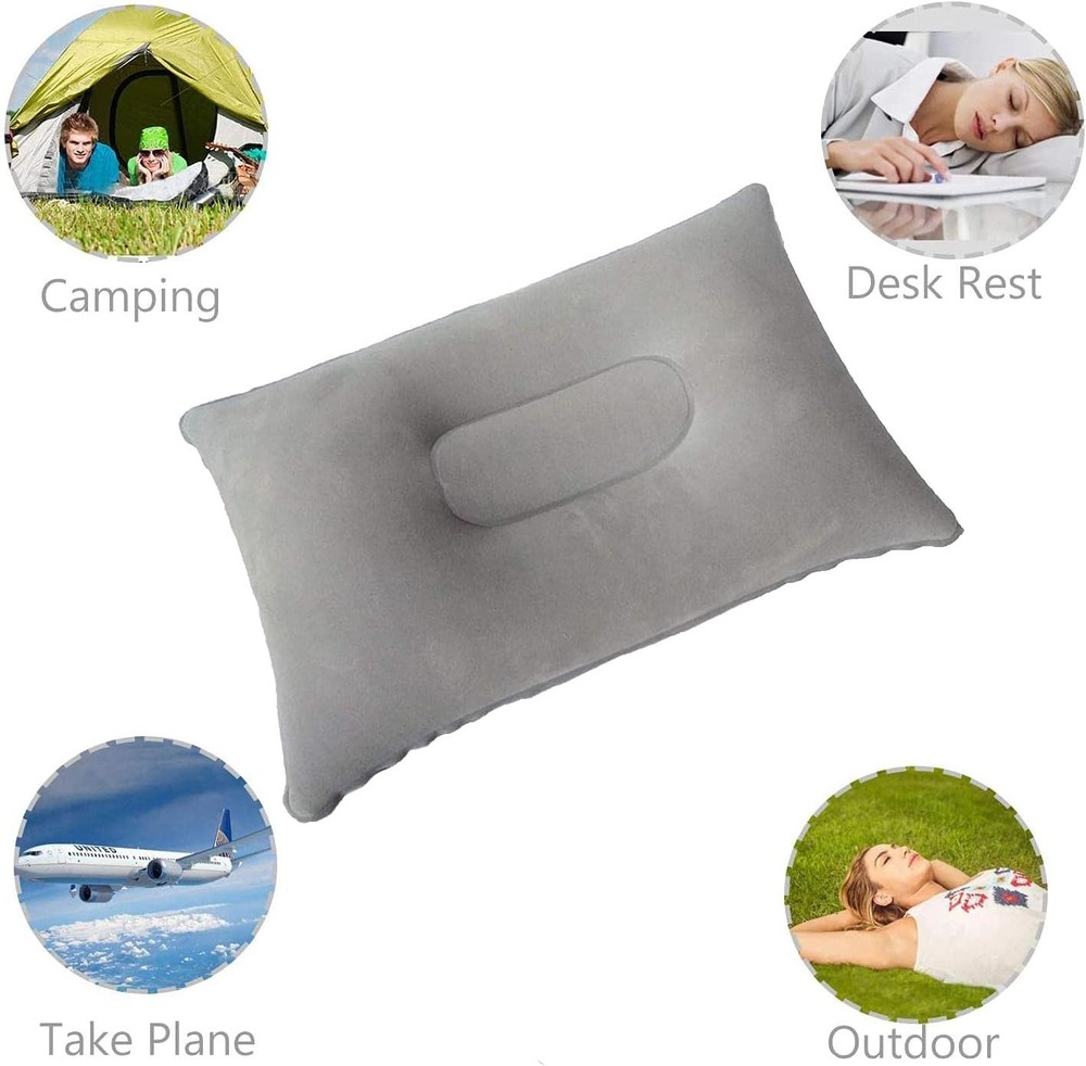 2 Pack Gray Ultralight Inflatable Pillow Small Squared Flocked Fabric Air Pillow