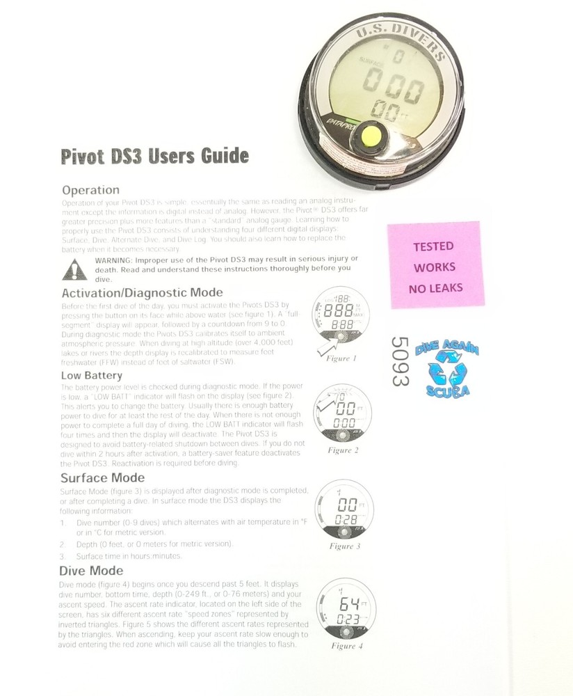 US Divers DATAPRO DS3 Digital Depth Gauge Scuba Computer Puck Bottom Timer