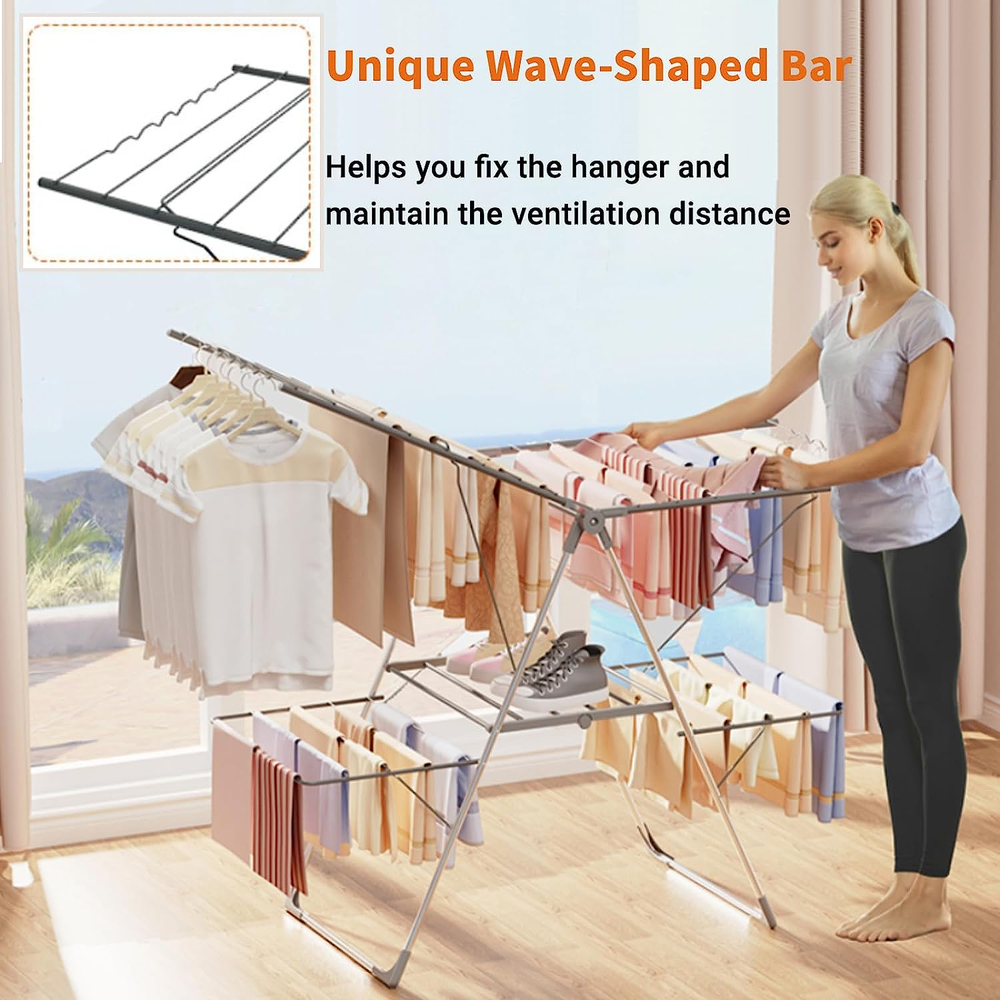 Clothes Drying Rack Foldable 2-Level Stainless Steel Portable Laundry Rack