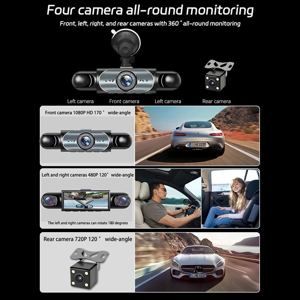 360° 4 Channel 1080P HD Car Dash Cam Front and Rear Inside Left Right + Camera