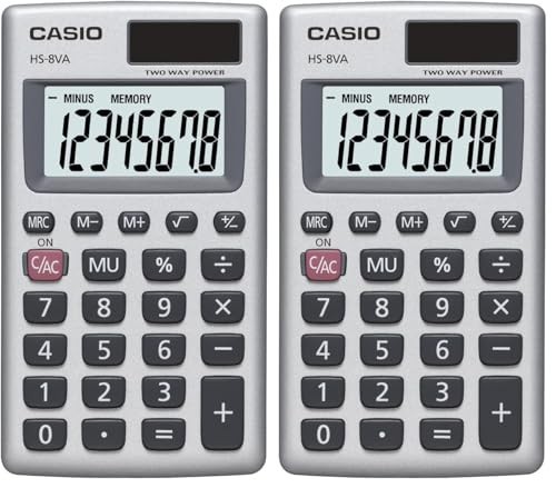 Casio HS8VA Standard Function Pocket Size Basic 8 Digit Calculator Pack of 2