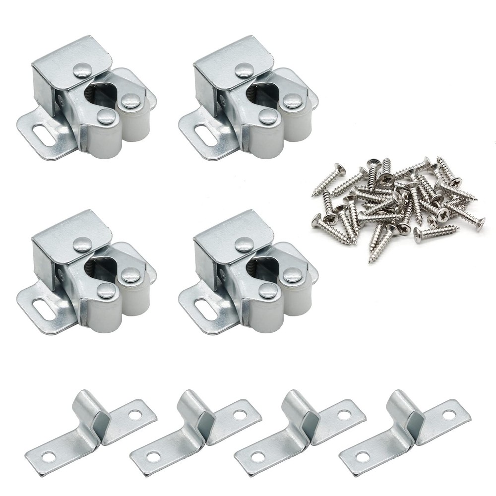4 Pack Double Roller Cabinet Catch Latches Heavy Duty for Doors Silver