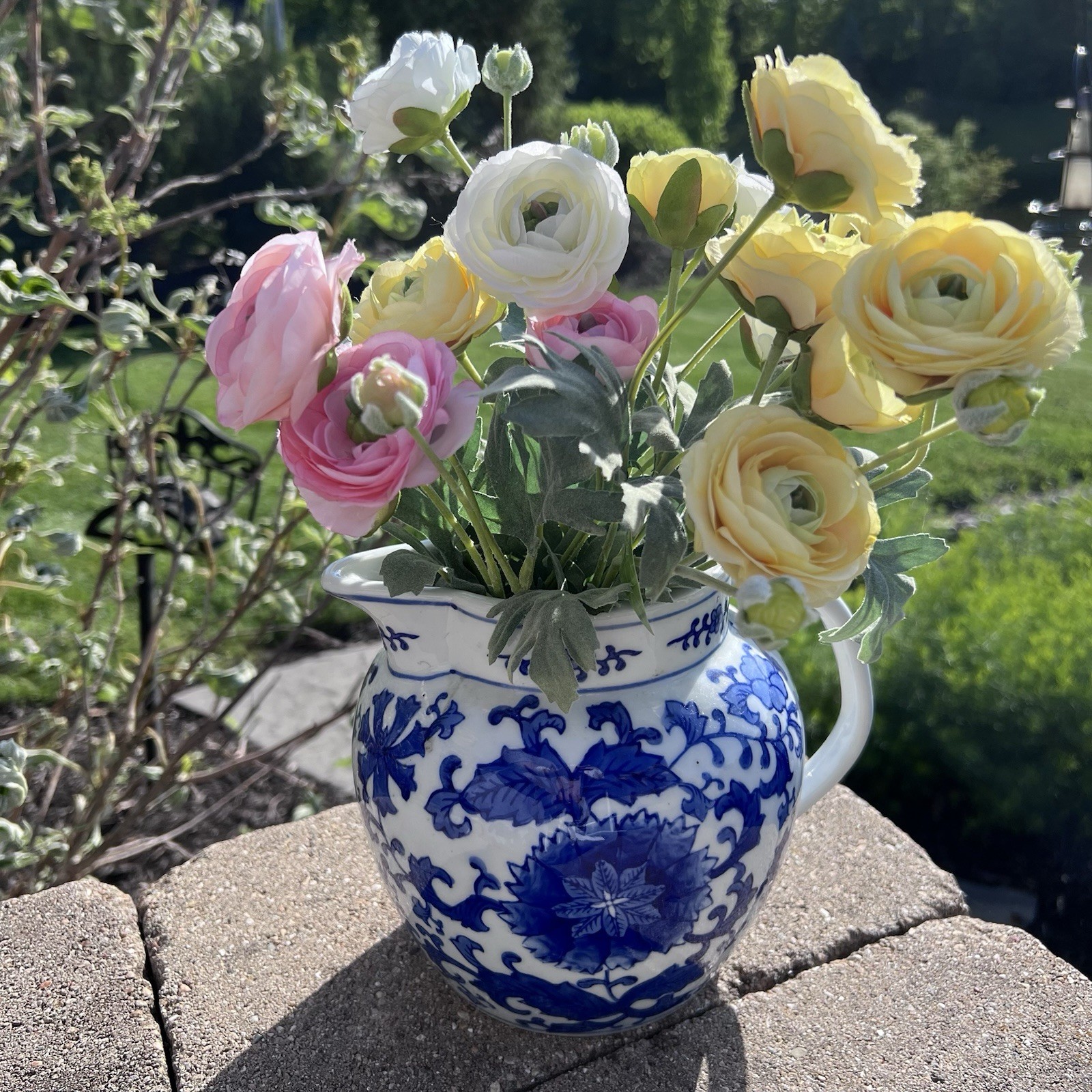 XL Pitcher Pitcher Blue & White Porcelain 60 oz Hand Painted Glaze Floral 9.25”