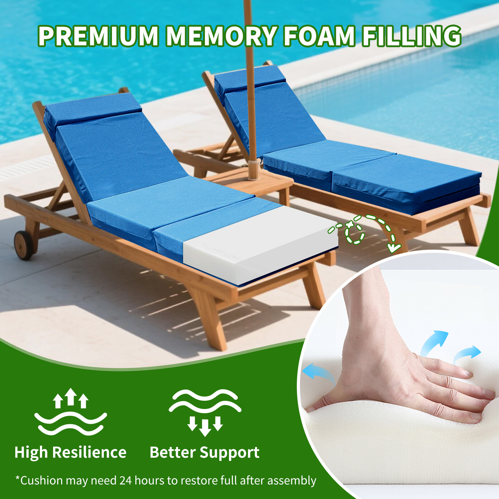 NAIZEA Chaise Lounge Cushions Outdoor Set of 2 Waterproof with Removable Cover