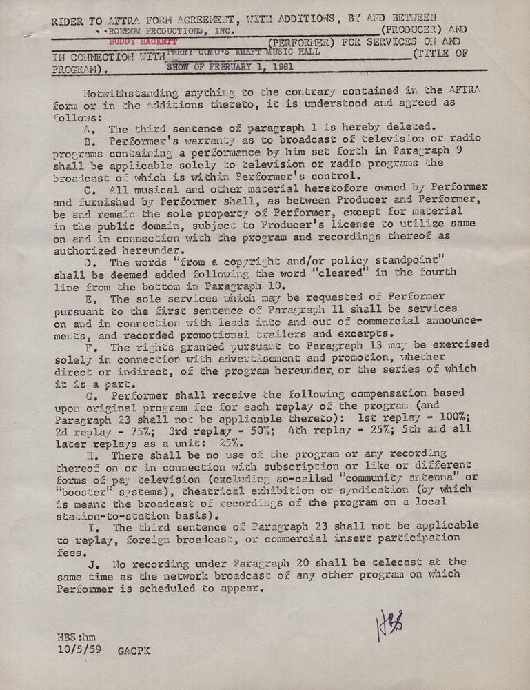 BUDDY HACKETT - ANNOTATED CONTRACT MULTI-SIGNED 12/19/1960