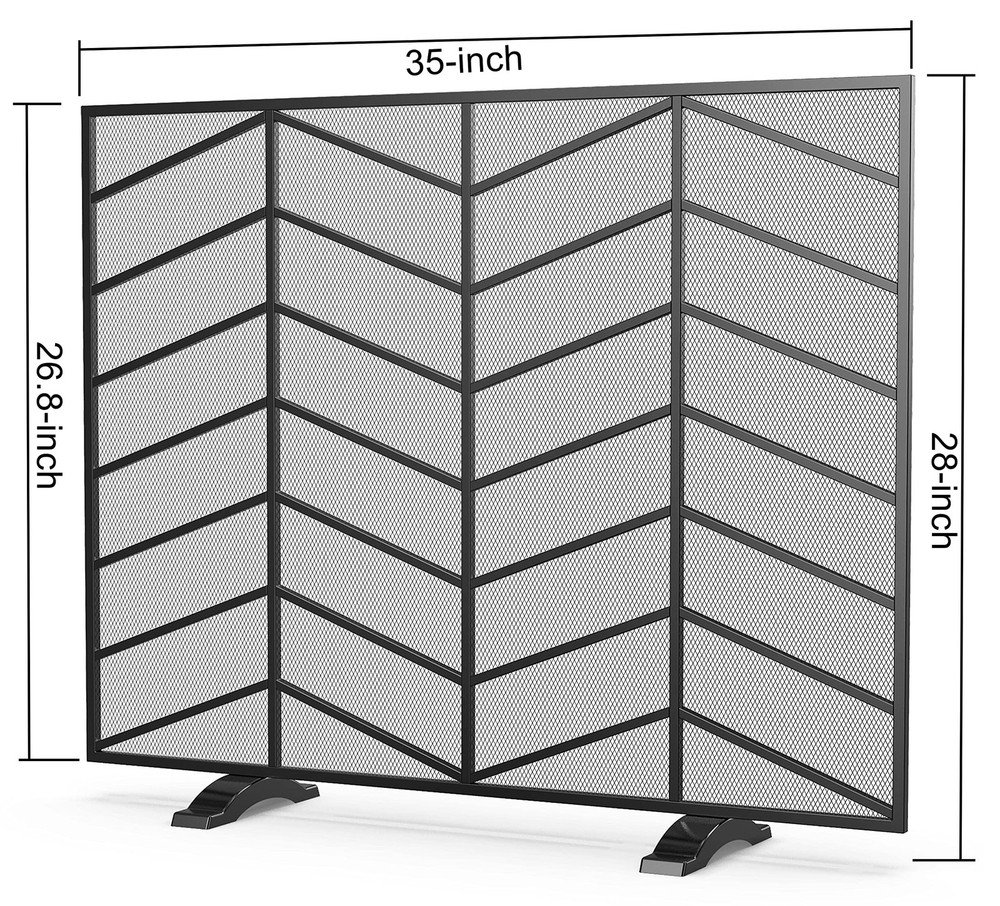 Single Panel Handcrafted Wrought Iron Mesh Chevron Fireplace Screen, Fire Spa...