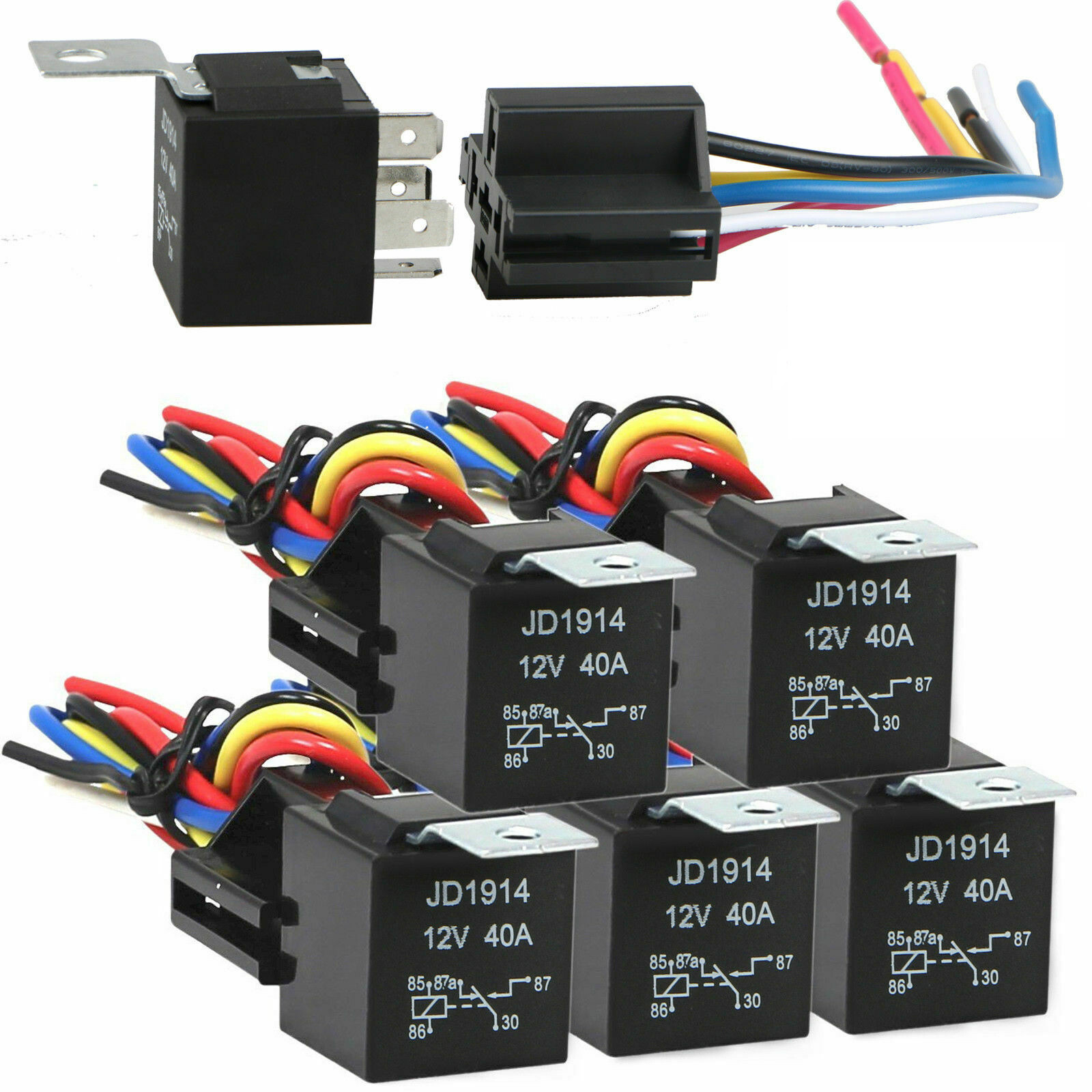5 Pack 12V 30/40 Amp 5-Pin SPDT Automotive Relay w/ Wires & Harness Socket Set