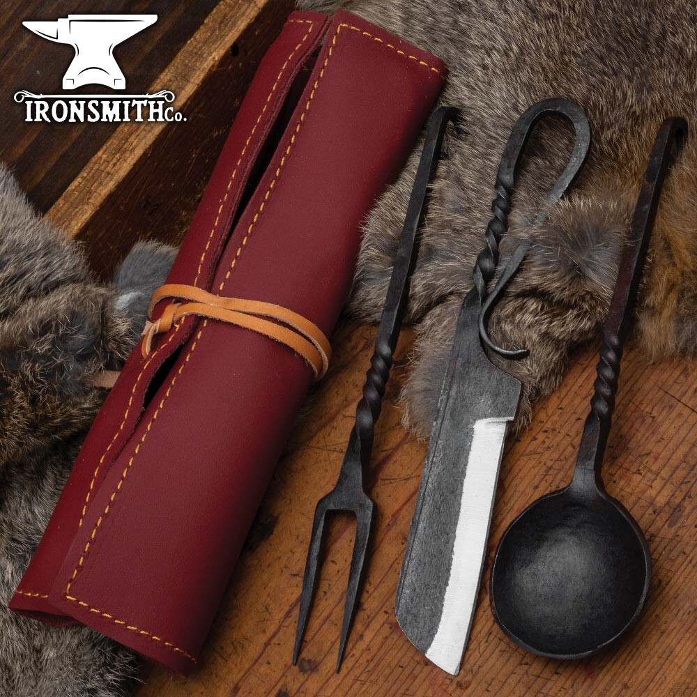 The Ironsmith Co. Pioneer Dining Set Includes Knife, Spoon, Fork | Leather Pouch