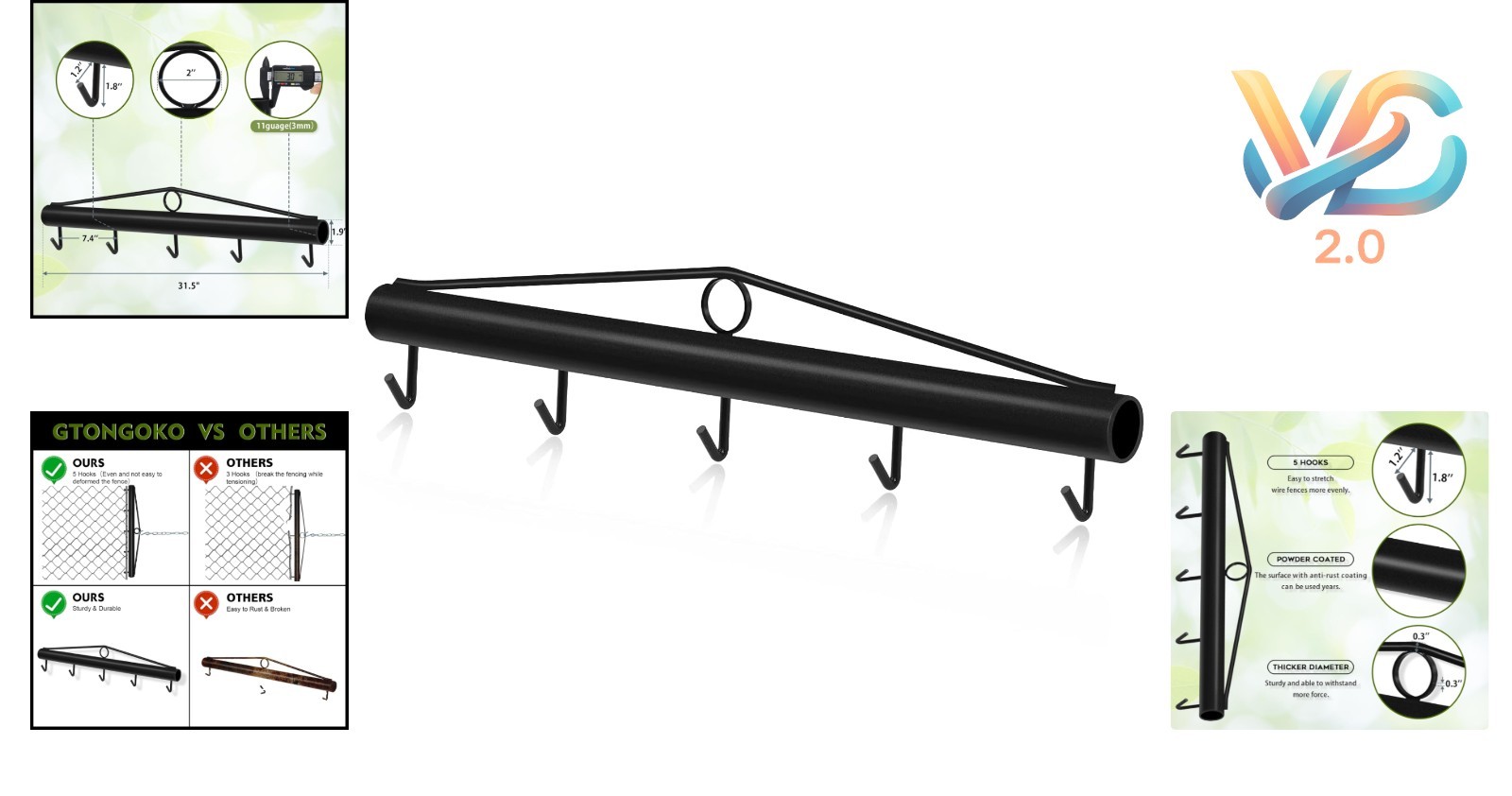 New 31.5 Inch Chain Link Fence Stretcher 5-Hook Steel Wire Tool Black