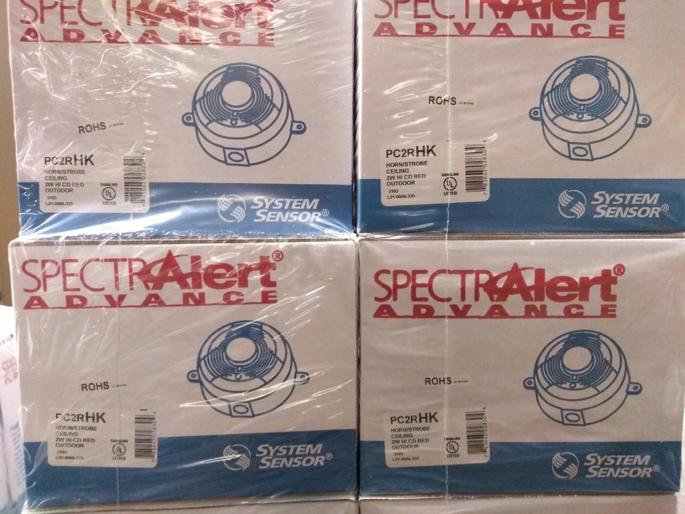 System Sensor #PC2RHK, Fire Alarm Horn/Strobe, 12/24 VDC, WP, Ceiling Mt, Red.
