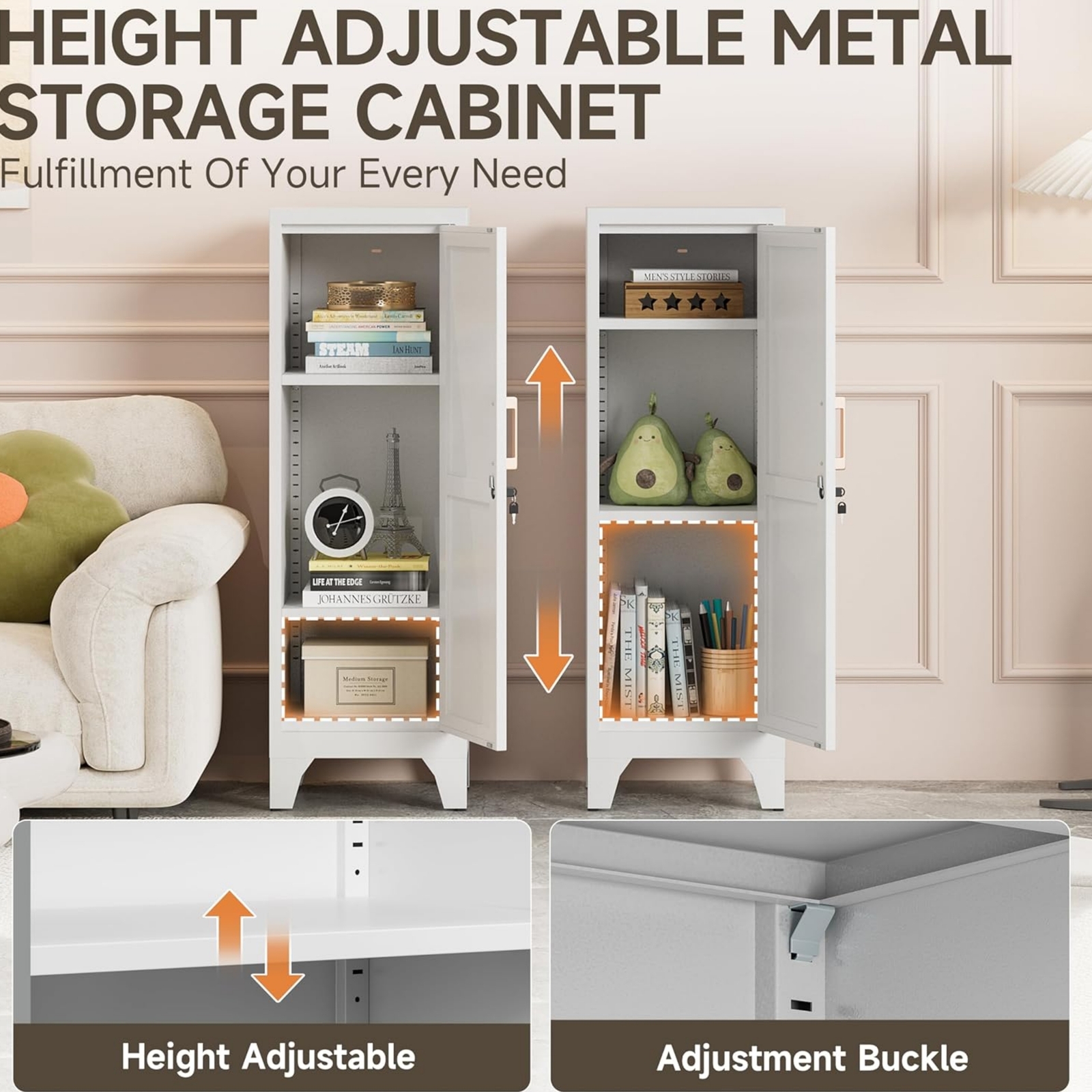 Metal Storage Cabinet with 2 Adjustable Shelves Home Office File Cabinet Locking