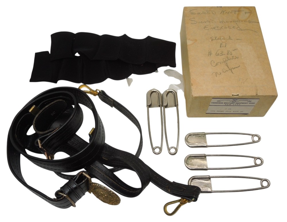 Orig WWII US Navy Officer's Sword Black Leather Belt, Brass Buckle Pins Box Lot